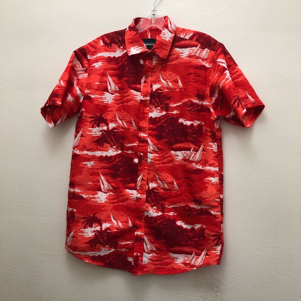 Vertical Sport Tropical Print  Button Down Casual Shirt Men's Size M Red/White - Picture 6 of 6